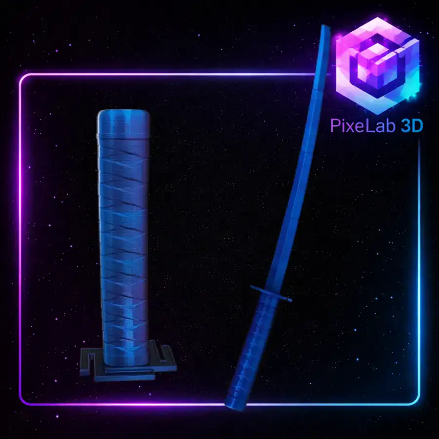 Katana azul decorativa con base impresa en 3D