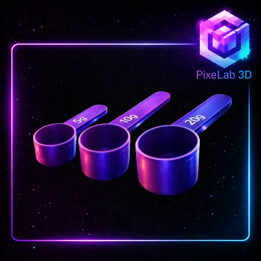 Tres cucharas medidoras de colores impresas en 3D